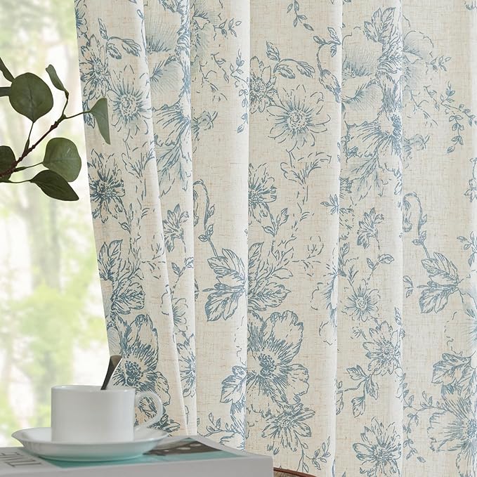 jinchan Linen Floral Curtains 63 Inch Length for Living Room Bedroom Light Filtering Farmhouse Peony Flower Drapes Rustic Window Curtain Set Rod Pocket Back Tab 2 Panels Blue