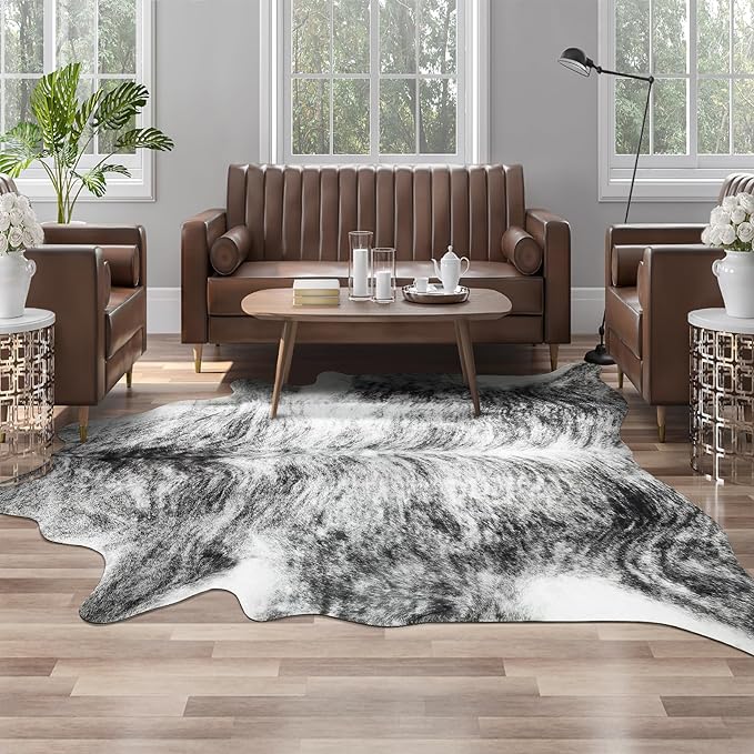 AROGAN Western Decor Faux Fur Cowhide Rug, 4.6 x 5.2 Feet Premium Animal Skin Cow Hide Rug, Sturdy Cow Print Rugs for Wall Decor, Western Floor Carpet for Bedroom Living Room, Black and Grey