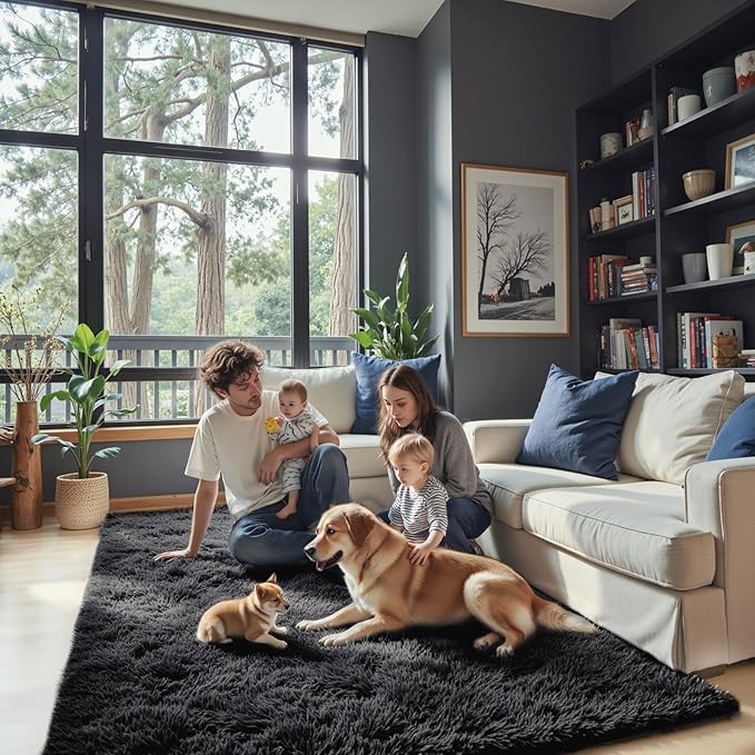 8x10 Area Rugs for Living Room Bedroom, Large Area Rug Shaggy Carpet Soft Plush Furry Bedside Rug, Rugs for Home Decor (Black, 8 x 10 Feet)