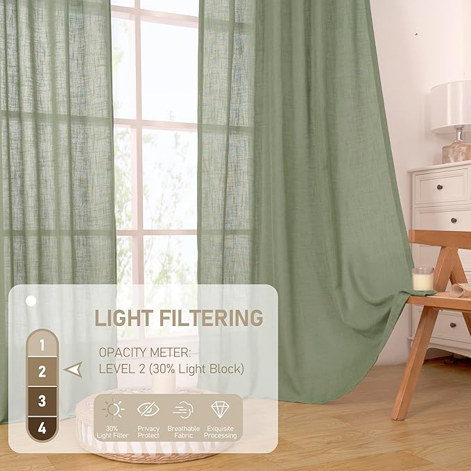 LAMIT Semi Sheer Linen Curtains 36 Inch Length for Cafe, Light Filtering Panels Back Tab and Rod Pocket Neutral Drapes for Bathroom/Kitchen/Loft Room, 25 x 36 Inch, 2 Panels