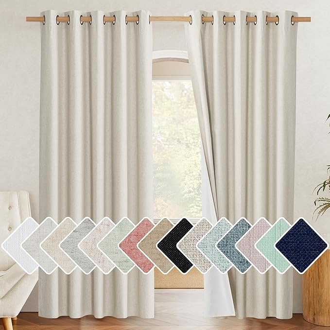 NICETOWN Farmhouse Style 100% Blackout Natural Linen Curtains 90 inches Length, 2 Panels, 62" W, Room Cooling Window Draperies with Thermal Insulated Liners for Dining Room