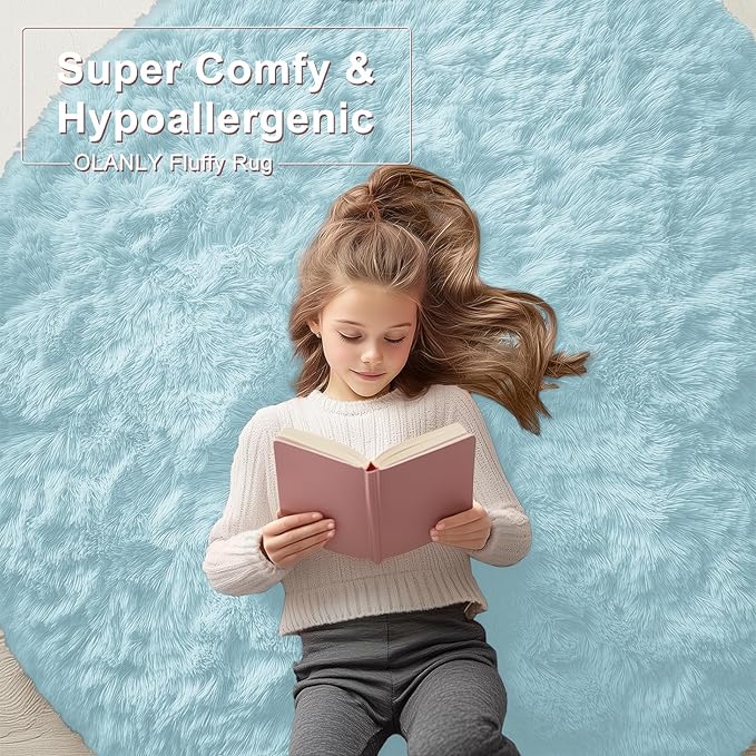 OLANLY Light Blue Round Rugs for Bedroom - Machine Washable, 6 ft Circle Area Rugs for Living Room, Soft and Fluffy Shaggy Carpet for Teen Girl and Boys, Nursery Rooms, Dorms, Home Decor Aesthetic