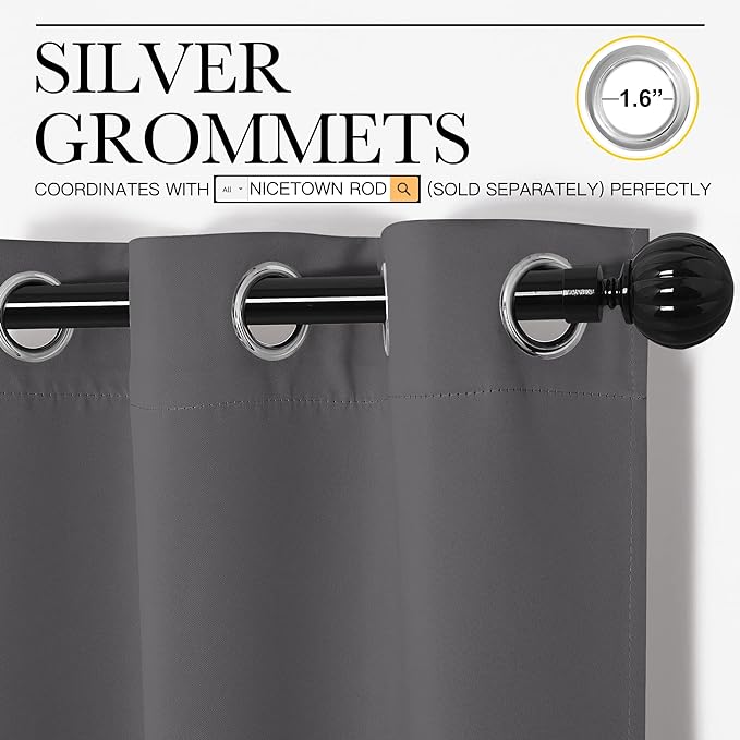 NICETOWN Grey Blackout Curtain Panels for Bedroom, Thermal Insulated Grommet Top Blackout Draperies and Drapes for Basement (2 Panels, W34 x L72-inch, Grey)