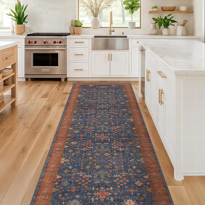 Washable 10 ft Long Runner for Hallway - Navy Blue Kitchen Floor Runner Rug, Pet Friendly Waterproof Non Slip with Rubber Backing, Stain Resistant Laundry Room Rug (3x10 Navy Blue & Terracotta)