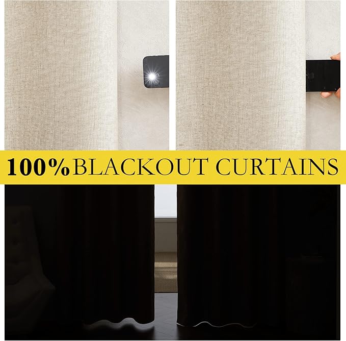NICETOWN 100% Absolutely Blackout Linen Curtains with Thermal Insulated White Liner, Beige, W62, 2 Pieces, Noise Reducing Textured Linen Look Curtains for Windows 108 inch Length for Classroom