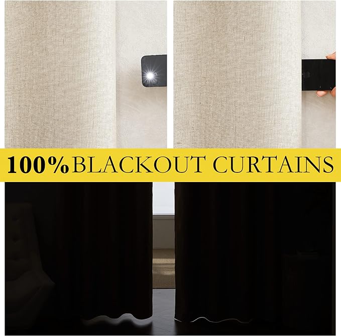 NICETOWN Linen Blackout Curtains 45" Long for Classroom, Beige, Set of 2, Short Kitchen Burlap Linen 100% Blackout Drape Panels for Night Shift, Great Job for Blocking Light