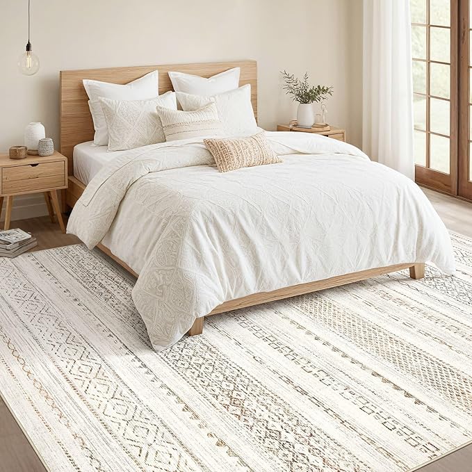 Nakagishi 8x10 Area Rugs Living Room: Washable Boho Large Neutral Soft Farmhouse Rug Stain Resistant Modern Moroccan Non-Slip Indoor Carpet for Bedroom Nursery Kids Playroom Office Dining Room
