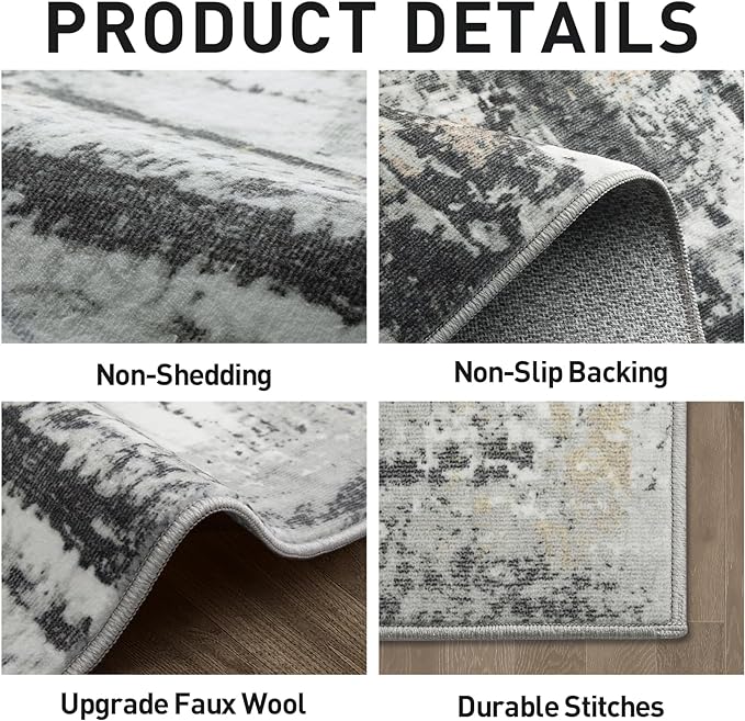 6x9 Area Rugs Washable Rug: Large Modern Abstract Living Room Rug Soft Anti-Skid Thin Carpet Indoor Floor Non-Shedding Carpets for Bedroom Dining Room Farmhouse Nursery Home Office Black Grey Gold