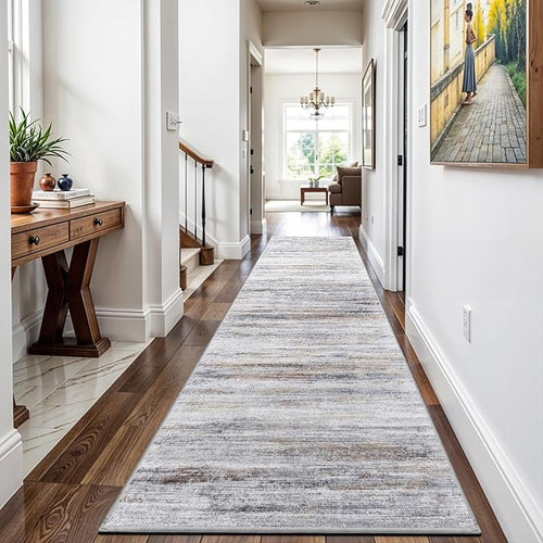 3x15 Washable Runner Rug for Hallway: Long Runners for Entryway Living Room Dining Room - Stain and Water Resistant Rugs with Non-Slip Backing - Soft Low-Pile Carpet Beige Grey
