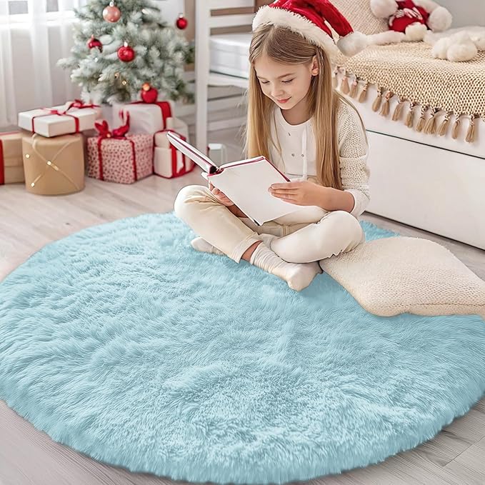 OLANLY Light Blue Round Rugs for Bedroom - Machine Washable, 4 ft Circle Area Rugs for Living Room, Soft and Fluffy Shaggy Carpet for Teen Girl and Boys, Nursery Rooms, Dorms, Home Decor Aesthetic