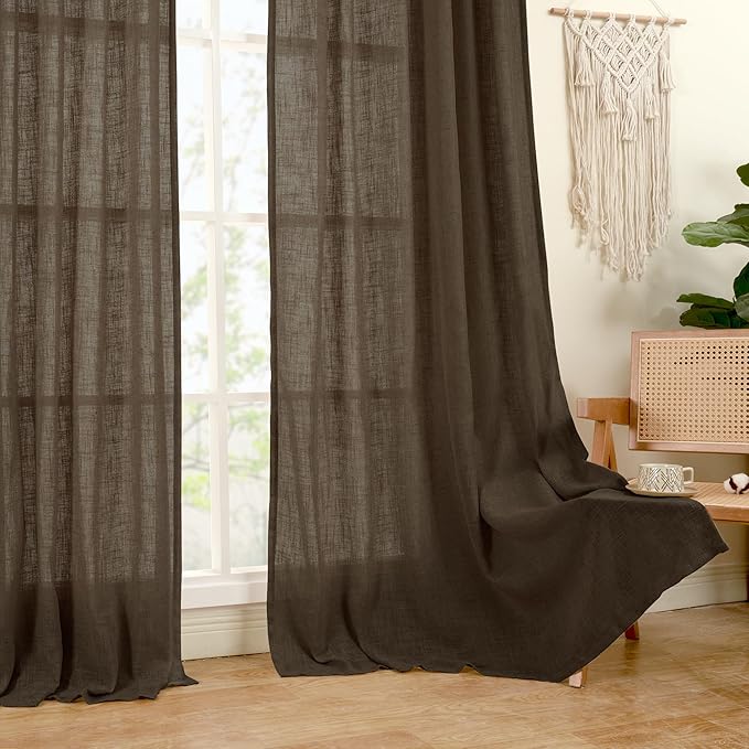 LAMIT Dark Brown Linen Boho Curtains 84 inch Length 2 Panels, Light Filtering Semi Sheer Panels Back Tab and Rod Pocket Neutral Drapes for Bedroom/Living Room, 34 x 84 Inch