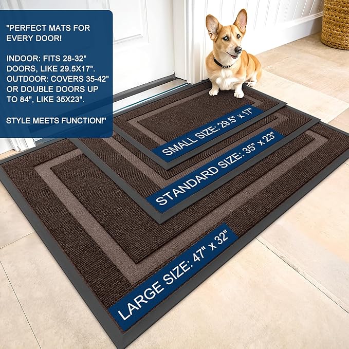 OLANLY Front Door Mat Indoor Outdoor Entrance, Waterproof All-Season, All-Weather Doormat, Sturdy Natural Rubber, Fade Resistant, Low Profile, Easy Clean Patio Porch Entryway Mat, 59x35, Dark Brown