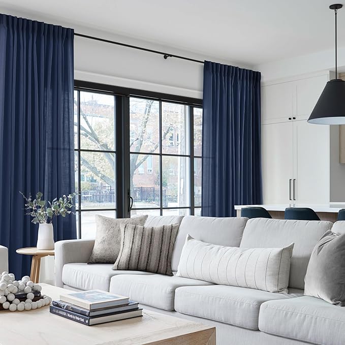 Navy Blue Curtains 80 inch Length for Bedroom Back Tab Light Filtering Semi Sheer Blue Living Room Curtains Linen Cotton Textured Indigo Blue Drapery Panel Modern Farmhouse Aesthetic Decor Dark Blue