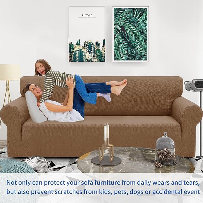 ZNSAYOTX 1 Piece Jacquard Couch Covers for 3 Cushion Couch Living Room High Stretch Sofa Cover Pets Dogs Friendly Anti Slip Thickened Slipcovers Furniture Protector (Large,New Pattern Light Coffee)