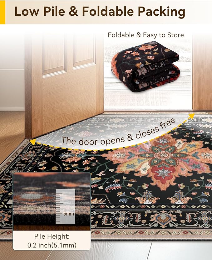 Area Rugs 2'6''x14' Runner Rug Non Slip Washable for Kitchen Hallway Bedroom Beside Laundry Room Bathroom Rug, Floor Carpet, Black Colorful Floral Dark Tan