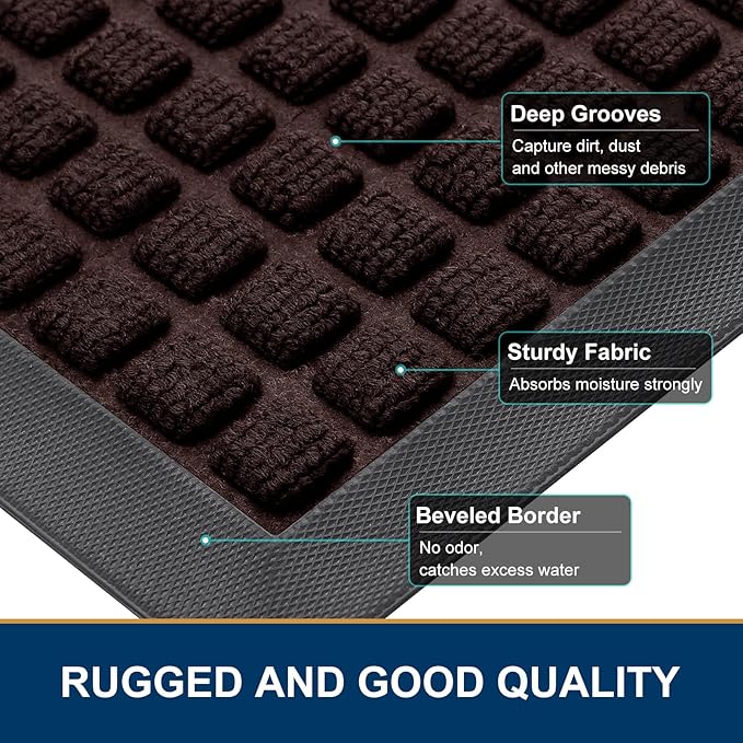 Smiry Front Door Mat Outside Entrance, Heavy Duty Natural Rubber Doormat, Non Slip, Trap Dirt and Moisture, Easy Clean, Low Profile Welcome Floor Mats for Indoor Outdoor Entry, 29.5x17 Inch, Brown