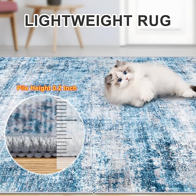 Area Rugs Living Room Rug - 4x6 Washable Modern Abstract Soft Neutral Non-Slip Carpet Large Indoor Floor Thin Carpets for Bedroom Dining Room Farmhouse Nursery Home Office Blue Grey
