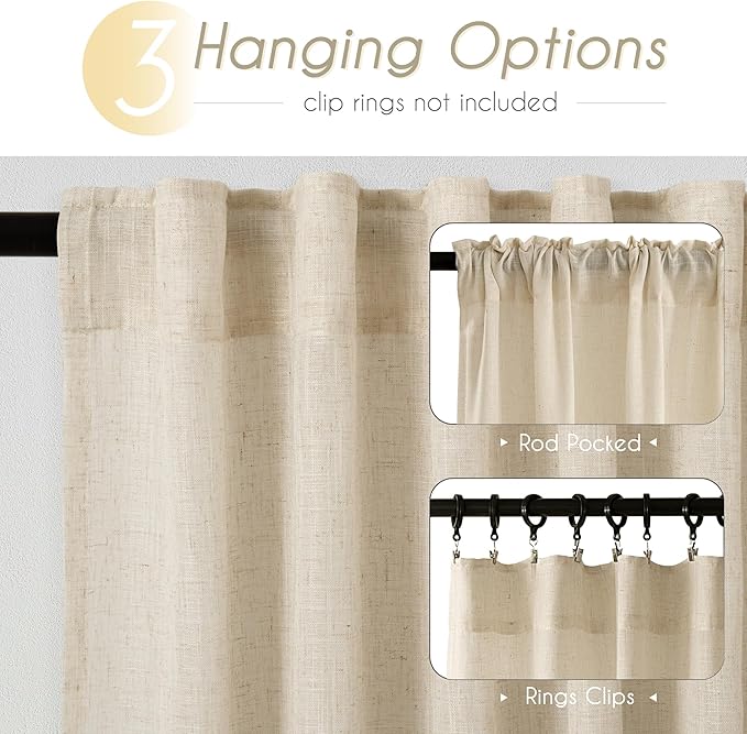 Greyish Beige Linen Curtain 96 inch Length 2 Panels Set Back Tab Light Filtering Living Room Curtain Drapes Home Office Modern Minimalist Decor Farmhouse Boho Neutral Semi Sheer Curtain 96 inch Long