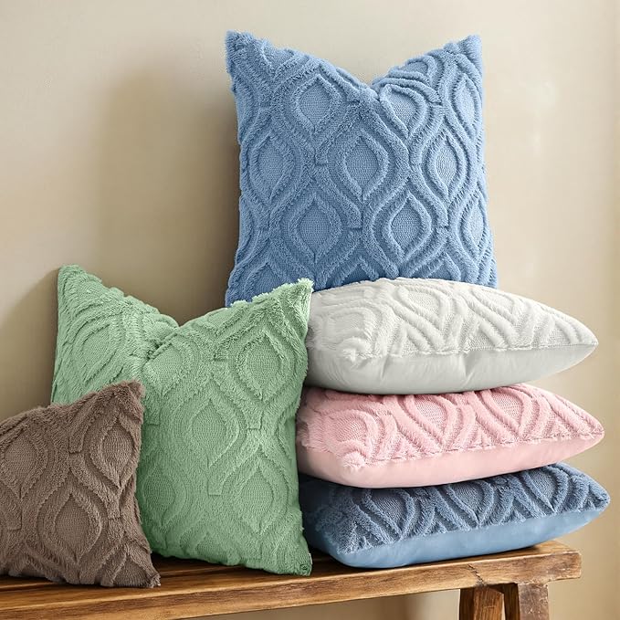 decorUhome Throw Pillow Covers 22x22 Inch Set of 2, Soft Plush Faux Wool Blue Solid Couch Pillow Covers, Accent Euro Sham Farmhouse Neutral Square Pillow Cases for Sofa Bed Living Room