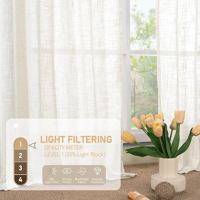 LAMIT 72 inch Length Cream Linen Curtains for Living Room 2 Panels, Linen Textured Light Filtering Semi Sheer Back Tab and Rod Pocket Window Curtain Panels for Bedroom/Farmhouse, 52 x 72 Inch