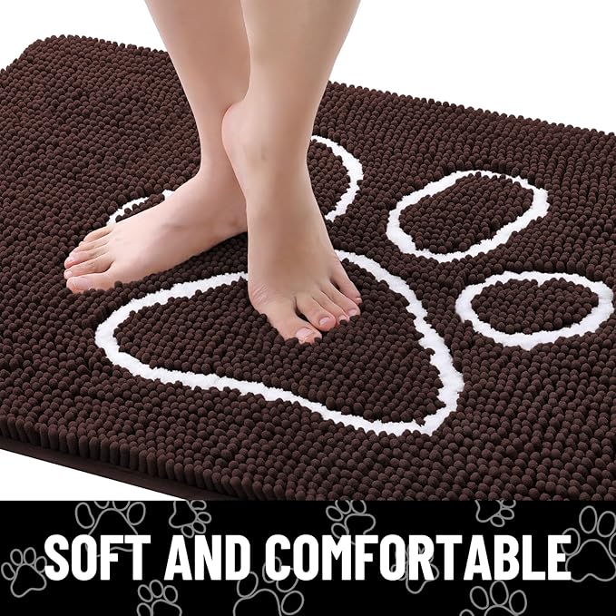 Smiry Dog Door Mat for Muddy Paws, Absorbent Dirt Trapper Non Slip Quick Dry Washable Chenille Mat for Mud Dogs, Entry Rug for Indoor and Outdoor (24x16 Inches, Brown and White)