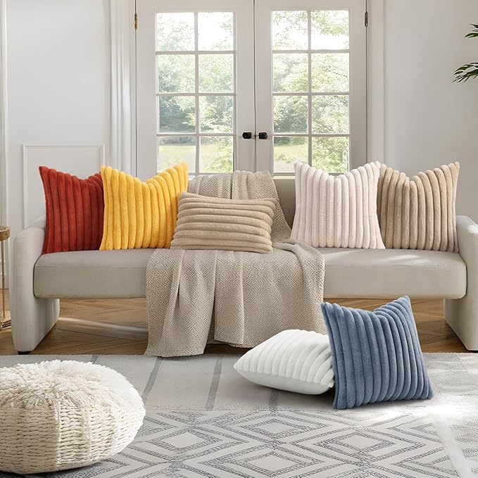 decorUhome Summer Cozy Faux Fur Throw Pillow Covers 16x16 Set of 2 Decorative Soft Plush Striped Modern Farmhouse Boho Couch Pillow Cases with Velvet Back for Sofa Bed Living Room, Mustard Yellow