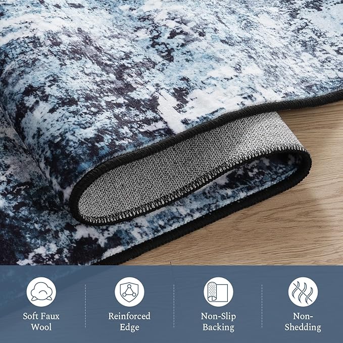 Rugflix Round Area Rugs 6Ft for Living Room, 6x6 Washable Rug Stain-Resistant Low Pile, Modern Dark Carpet for Dining Room Home Office Kid Room Nursery Bedroom, Navy Blue/Black