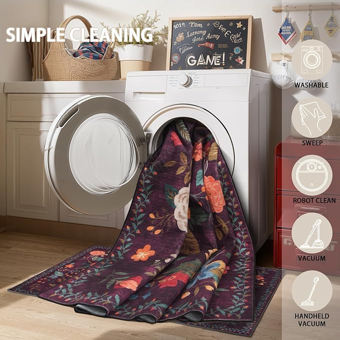 Rug for Hallways Kitchen Rug 2x8, Non Slip Washable Rugs with Rubber Backing Soft Floral Carpet Runner for Hallways, Kitchen, Laundry, Bedroom, Bathroom (2 x 8, Purple Lawn)