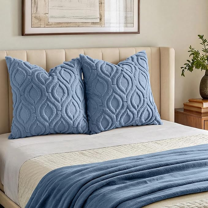 decorUhome Throw Pillow Covers 18x18 Inch Set of 2, Soft Plush Faux Wool Dusty Blue Solid Couch Pillow Covers, Accent Farmhouse Neutral Square Pillow Cases for Sofa Bed Living Room