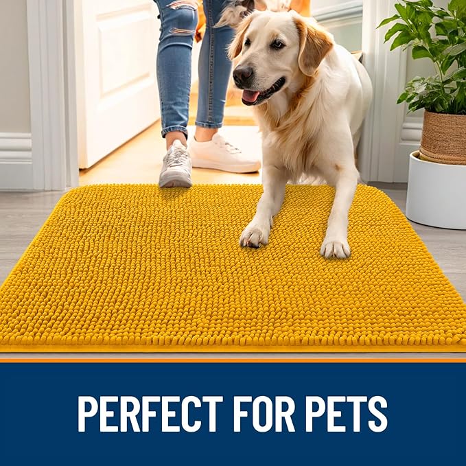 OLANLY Dog Door Mat for Muddy Paws 40x24, Absorbs Moisture and Dirt, Absorbent Non-Slip Washable Doormat, Quick Dry Chenille Mud Mat, Entry Indoor Entryway Carpet for Inside Floor, Golden Yellow
