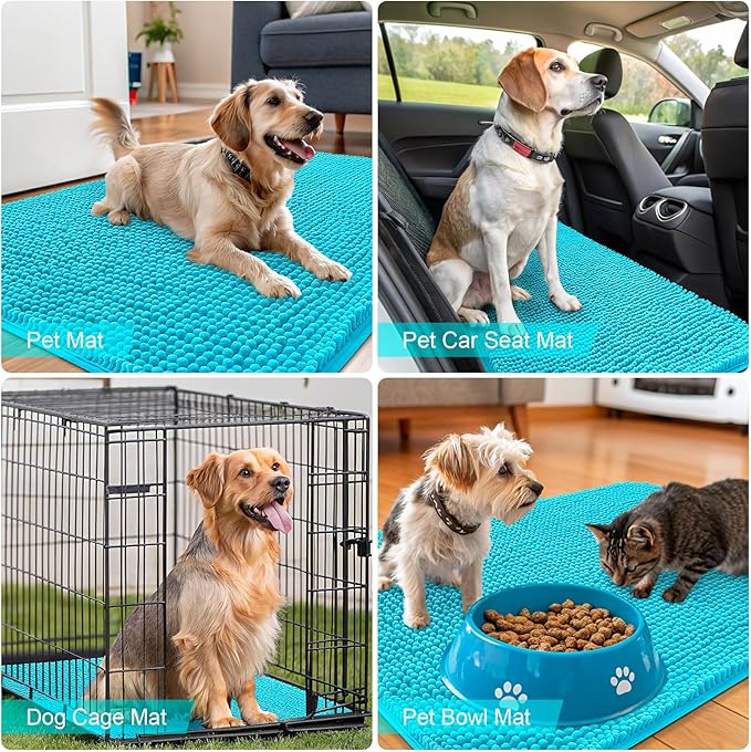 OLANLY Dog Door Mat for Muddy Paws 48x30, Absorbs Moisture and Dirt, Absorbent Non-Slip Washable Doormat, Quick Dry Chenille Mud Mat for Dogs, Entry Indoor Entryway Carpet for Inside Floor, Aqua Blue
