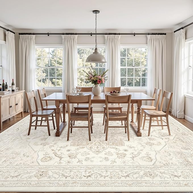 8x10 Area Rugs for Living Room: Vintage Boho Neutral Washable Rug Indoor Soft Large Area Rug Carpet for Bedroom Nursery Farmhouse Dining Room Office Floor Non-Slip Low Pile Under Table Rug Beige White