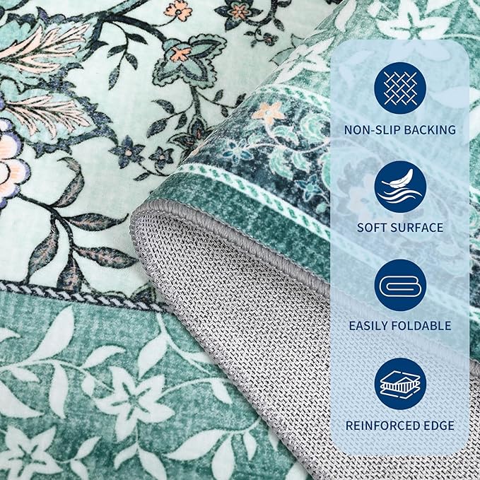 GarveeHome Teal 8x10 Area Rugs for Living Room, Botanical Grove Cottagecore Washable Rug for Bedroom Dining Nursery Low-Pile Vintage Large Carpet