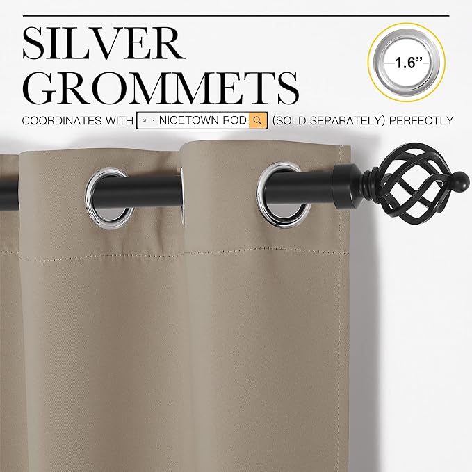 NICETOWN Blackout Curtains & Drapes for Bedroom, Taupe, W34 x L40, Set of 2, Triple Weave Grommet Top Thermal Insulated Light Blocking Panels for Bathroom/Living Room