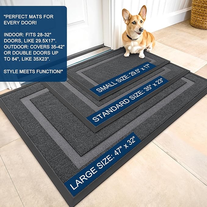 OLANLY Front Door Mat Indoor Outdoor Entrance, Waterproof All-Season, All-Weather Doormat, Sturdy Natural Rubber, Fade Resistant, Low Profile, Easy Clean Patio Porch Entryway Mat, 33x21, Grey