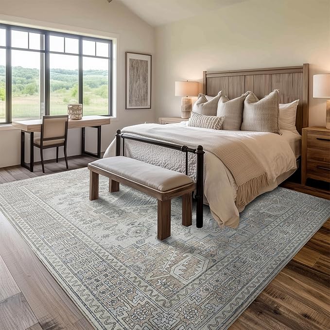 Machine Washable Area Rugs 9x12 Living Room Retro Rugs- Ultra Soft Low Pile Large Rugs for Bedroom,Dining Room,Non Slip Vintage Accent Carpet for Farmhouse Home Office- Family & Pet Friendly