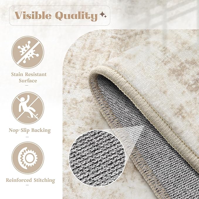 Area Rug 10x12 Washable Rug, Vintage Boho Medallion Rugs Non-Slip Soft Low Pile Large Distressed Rug Indoor Retro Carpet for Living Room Bedroom Dining Room Home Office (Beige, 10'x12')
