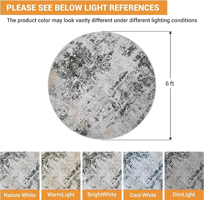 Round Rug 6ft Circle Rug Washable: Carpet Small Circular Area Rug for Entryway Kitchen Bedroom Dining Room Living Room 6 Feet Abstract College Dorm Non Slip Low Pile Black Grey Gold