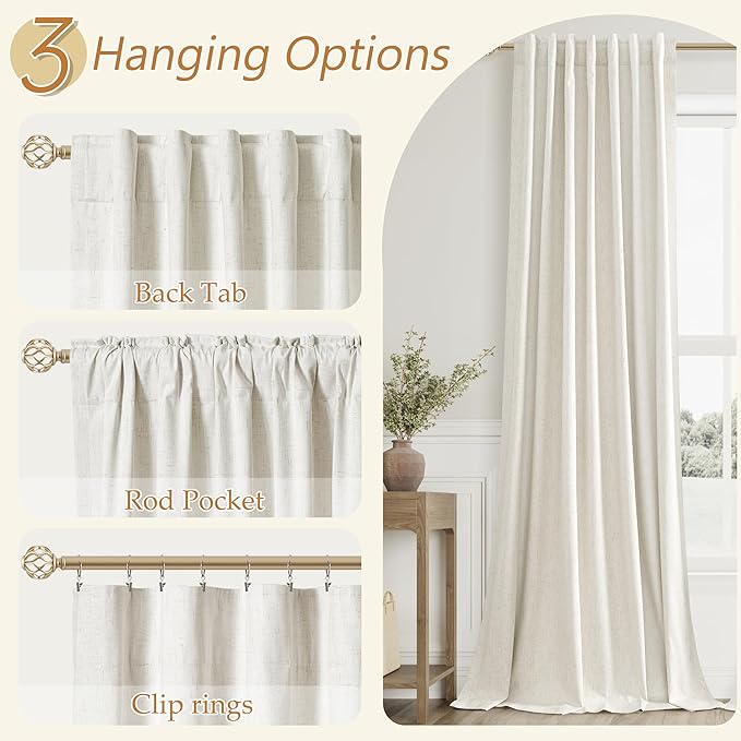 Guken Cream 100% Blackout Curtains 144 Inch Length 2 Panels Set for Living Room Bedroom Back Tab Thermal Insulated Black Out Linen Drapes Room Darkening Window Curtains