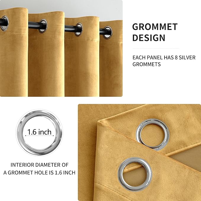 MIULEE Velvet Curtains Golden Elegant Grommet Thermal Insulated Soundproof Room Darkening Curtains/Drapes for Classical Living Room Bedroom Decor 52 x 96 Inch Set of 2