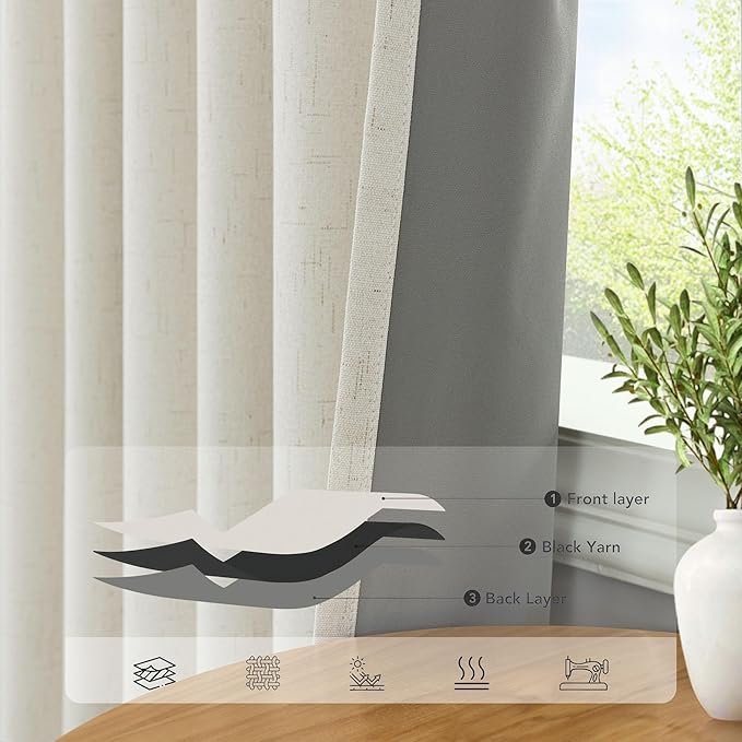 Short Blackout Curtains for Bedroom 45 Inch Length 2 Panels Faux Linen Cream Colored Cute Cottage Core Cafe Kitchen Bathroom Curtains for 42 Inch Small Window Heat Blocking Thermal Insulated Back Tab