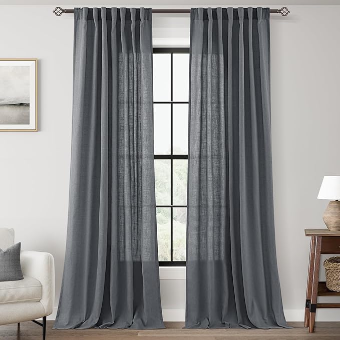 Dark Gray Curtains for Living Room Back Tab Modern Farmhouse Semi Sheer Gray Curtains 96 inches Long 2 Panels Set Muted Neutral Window Curtain for Dining Room Bedroom 52x96