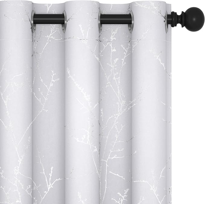 Deconovo Greyish White Curtains, Room Darkening Curtain, Thermal Insulated Soundproof Drapes, Silver Branch Print, 42 x 54 Inch Long, Grommet Window Panels for Living Room Bedroom Kitchen, Set of 2