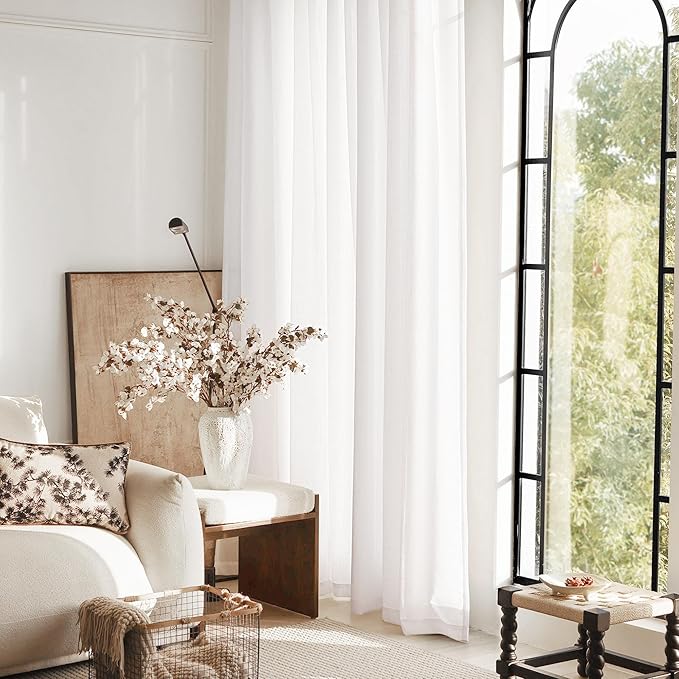 Long White Curtain 108 inches Long 2 Panels Set Back Tab Light Filtering Cotton Textured Curtain Modern Farmhouse Coastal Decor White Linen Drapes 108 inch Length for Large Window 9 FT Tall 60x108