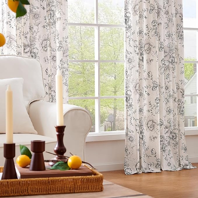 jinchan Linen Blend Curtain Floral Curtains for Living Room 102 Inch Length Black Printed Curtain Rod Pocket Back Tab Farmhouse Peony Flower Patterned Drapes Bedroom Window Curtains Set 2 Panels