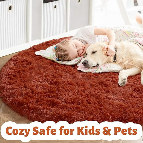 Amdrebio Terracotta Rust Round Circle Rug 5Ft for Bedroom Living Room, Fluffy Fuzzy Shaggy Furry Area Rugs for Kids Room Decor Aesthetic, Cute Plush Shag Rustic Carpet for Nursery Dorm Classroom