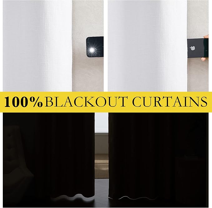 NICETOWN 100% Absolutely Blackout Linen Curtains with Thermal Insulated White Liner, White, W62, 2 Pieces, Noise Reducing Textured Linen Look Curtains for Windows 108 inch Length for Classroom
