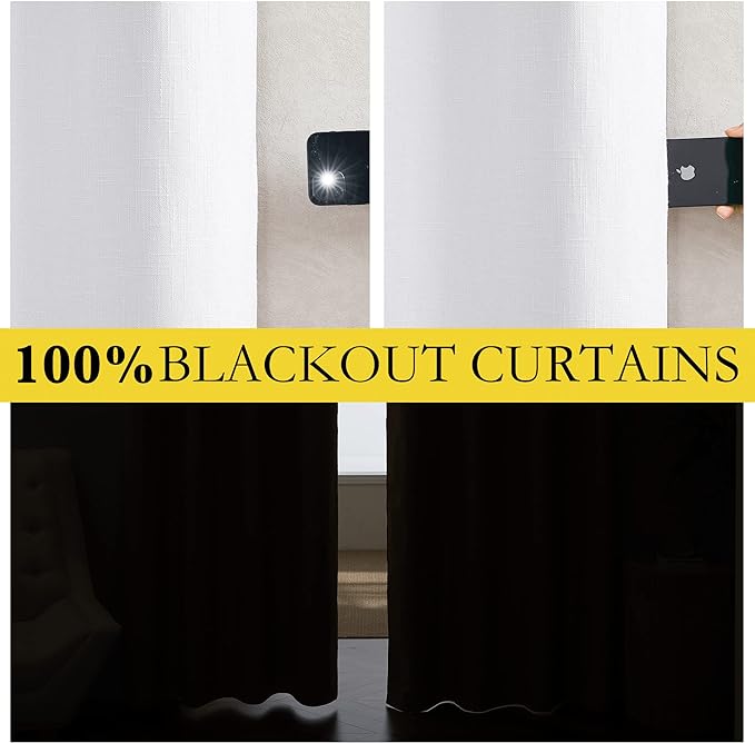 NICETOWN 100% Absolutely Blackout Linen Curtains with Thermal Insulated White Liner, White, 52 inches Wide, 45 inches Length Energy Saving Curtains for Cafe 2 Panels Set, Vertical Blinds