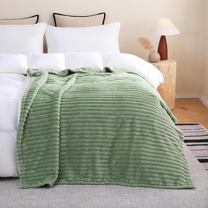Sage Green Fleece Throw Blanket 90”×90” for Couch Sofa Bed,Super Soft Cozy Plush Microfiber Flannel Blanket with Stripes Design Lightweight for Adults,Woman,Girls