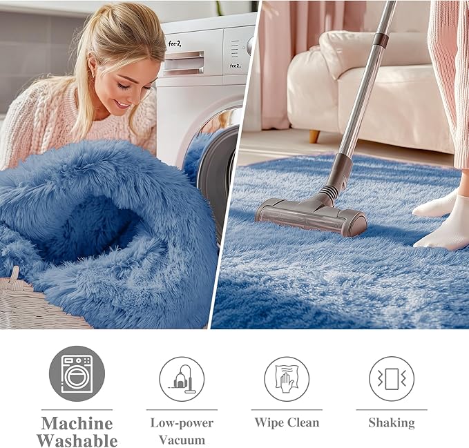 OLANLY Blue Round Rugs for Bedroom - Machine Washable, 6 ft Circle Area Rugs for Living Room, Soft and Fluffy Shaggy Carpet for Teen Girl and Boys, Nursery Rooms, Dorms, Home Decor Aesthetic